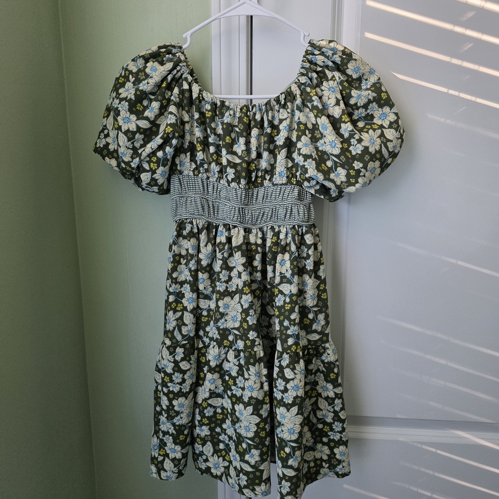 Girls Bonnie Jean Green Floral Puff Sleeve Dress